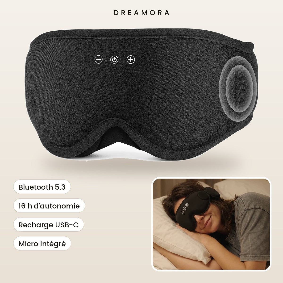 Masque de sommeil Bluetooth 3D Dreamora : Bluetooth 5.3, 16 h d'autonomie, recharge USB-C, micro intégré