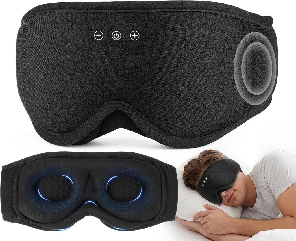 Masque de sommeil Bluetooth vu de face et de l'intérieur, porté par un homme