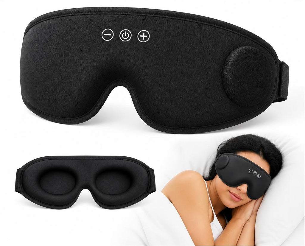 Masque de sommeil Bluetooth 3D Dreamora : vue de face avec boutons, intérieur à coques et femme qui dort avec le masque
